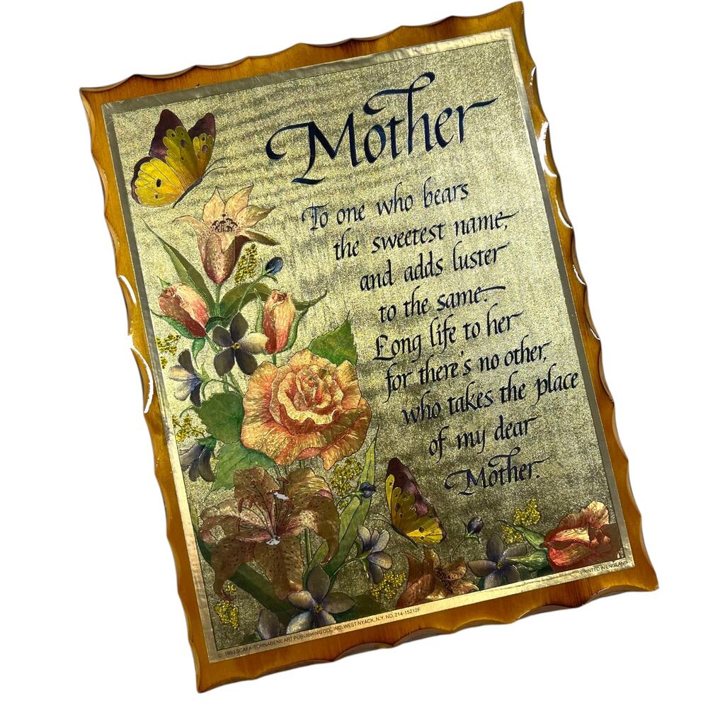 Vintage Mother Floral Wall Plaque Wood Gold Poem Hanging Decor